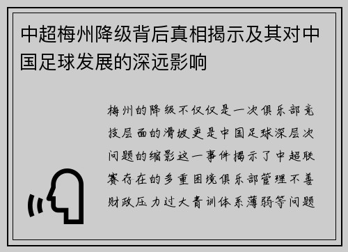 中超梅州降级背后真相揭示及其对中国足球发展的深远影响 中超梅州降级背后真相揭示及其对中国足球发展的深远影响
